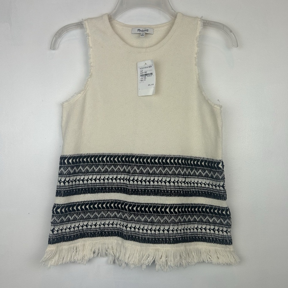 Madewell Sleeveless Sweater Womens XS Tribal Knit Fringe Tank Top Ivory